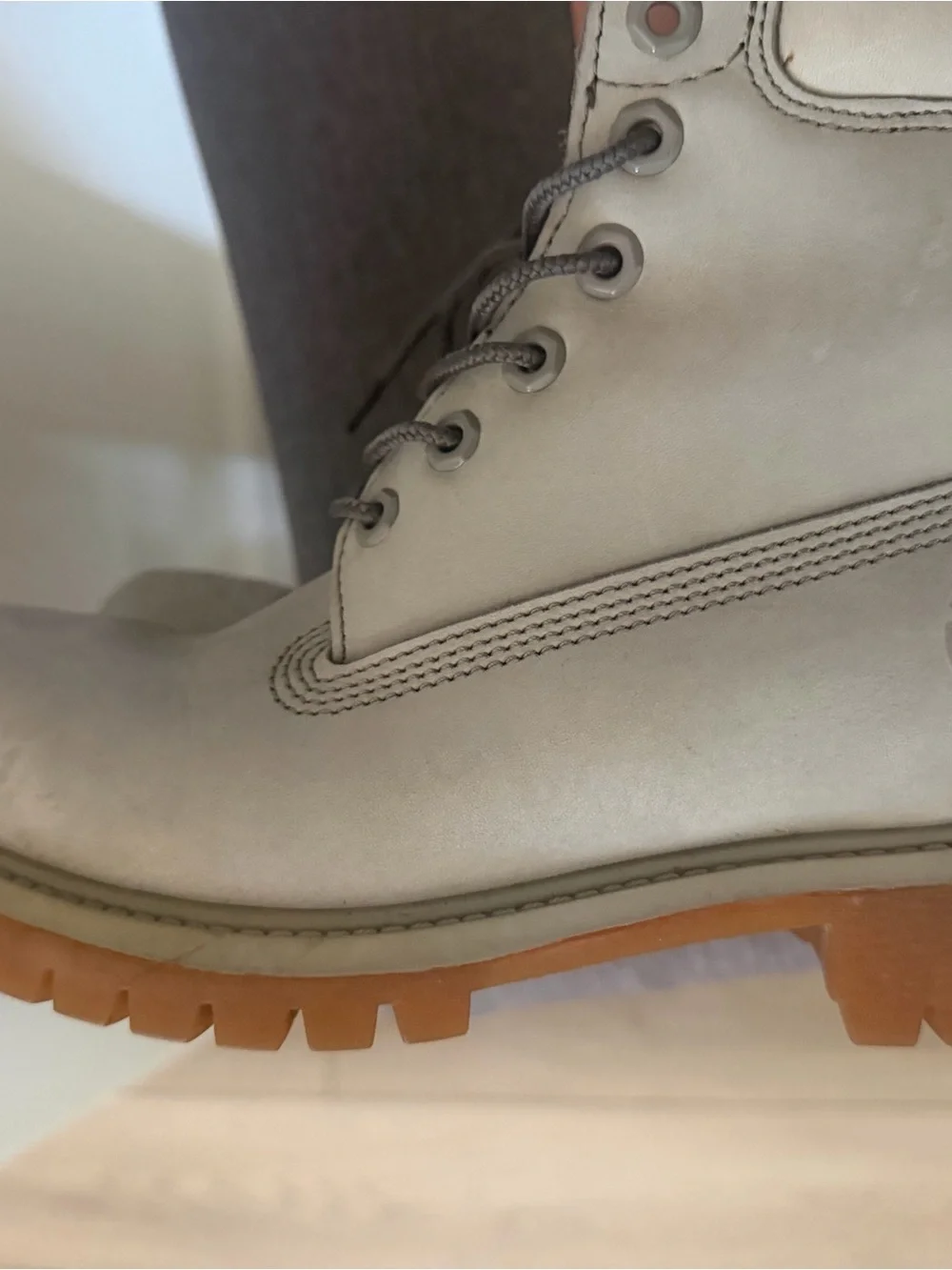 Timberland Off-White Leather Lace-Up Work Boot with Tan Lug Sole